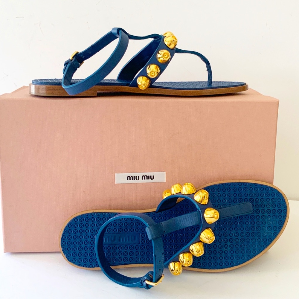 Miu Miu blue gold studded flat sandals 37.5